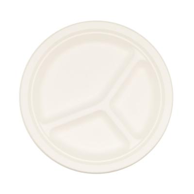 China Best Selling Minimalist 10inch Three Compartments Plate Disposable Sugarcane Fiber Party Food Paper Plate for sale