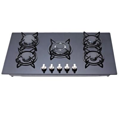 China Hotel Hot Sale 5 Burners Tempered Glass Built-in Gas Hob with Electric Safety Device Blue Flame and Gas Cooker with Oven for sale