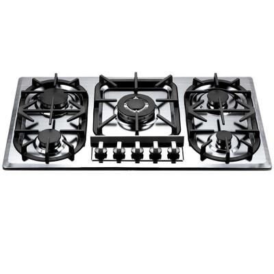 China Hotel Kitchen Professional Cast Iron 5 Burners Built In Cooker Hob Gas Stove With Stainless Steel Panel for sale