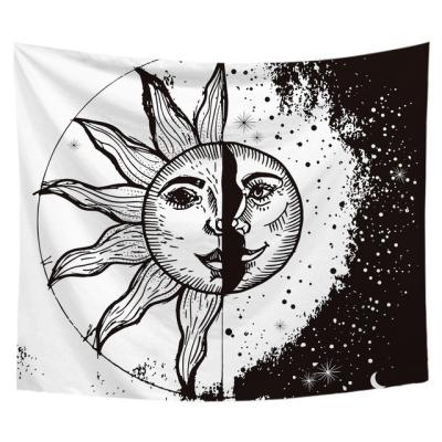 China Traditional Black and White Bohemian Hippie Modern Living Room Burning Sun and Moon Tapestry Poster for sale