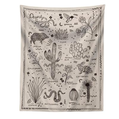 China Traditional Black White Tropical Desert Flora And Fauna Aesthetic Chart Print Tapestry Throw Blanket for sale