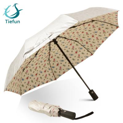 China Wholesale CLASSIC Custom Design Sun And Rain 3 Times Umbrella Logo Print With Silver Anti UV Coated for sale