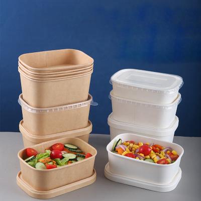 China Recyclable Disposable Takeaway Kraft Square Paper Salad Bowl Bamboo Kraft Paper Square Bowl With PP Lid for sale