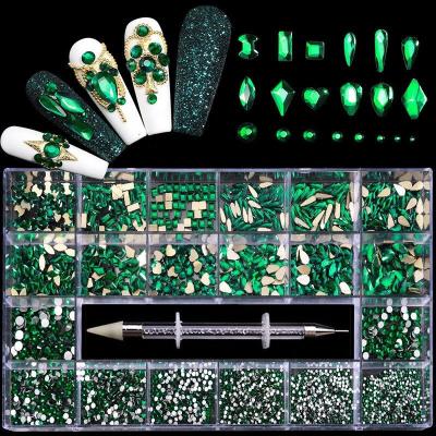 China yantuo 3D ab nail Art Mix Shape Fancy In Box Flat Bottom Nail Art Eco-friendly Shiny Crystal Red Green Glass Fake Stone for sale