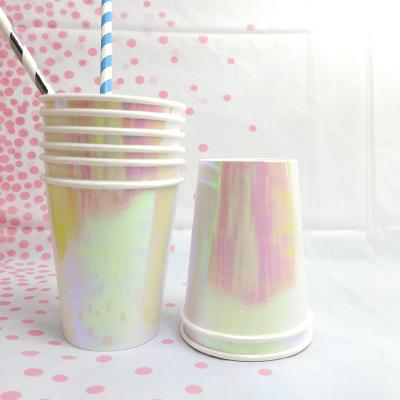 China Custom Colorful Branded Holographic Paper Cup Craft Disposable Bulk Single Wall Cold Drink Cups for sale