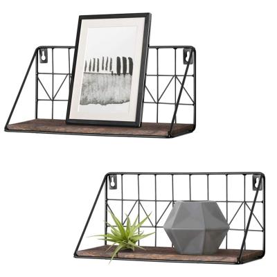 China Storage Metal Wire Rack Show Rack 2 Pieces Set Art Metal Wall Mounted Shelves Customized Decorative Wooden For Wall for sale