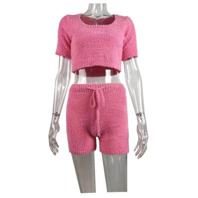 China Hot Sale Women's Anti-pilling 2 Pieces Sweater Short Sleeve Crop Tops Shorts Set Womens Clothing 2020 Latest Design Knitted Set for sale