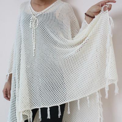 China Anti-pilling women Autumn Tassel Knit Poncho Sweater Outwear women's sweater poncho hollowout for sale