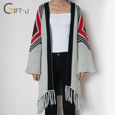 China Giftu 86125# Wholesale Anti-Shrink Women Tassels Cardigans Interesting Cashmere Sweaters With Shoulder Geometry Design for sale