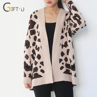 China Giftu 860062# New Arrival Winter Casual-Fit Anti-Shrink Women Knitted Cardigan Sweaters With Leopard for sale