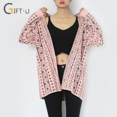 China Giftu 86061#new arrival winter women sweater cardigans loose knitted cardigan sweaters with geometric pattern for sale