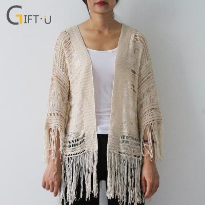 China Giftu 86026# Wholesale Women Anti-pilling Casual Tassel Cardigan Hollow Out Thin Wool Knitted Sweater for sale