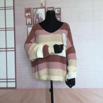 China Anti-pilling loose oversized striped women's sweater 2019 ladies V-neck color knitted sweater sweater for sale