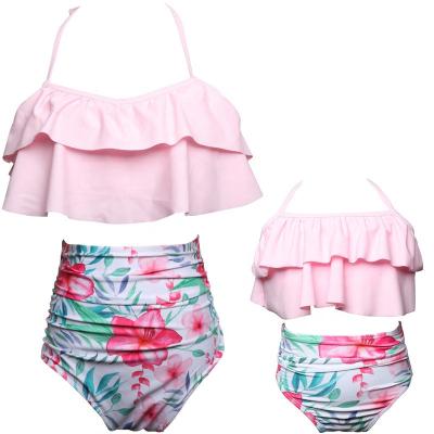 China Fashion High Waist Printed Parent-child Swimwear Breathable Mom And Babies Two Piece Family Swimsuit Bikini for sale