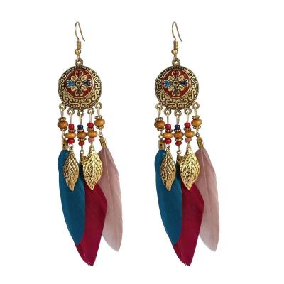 China Wholesale Ethnic Style Colorful Feather Fringed Earrings For Holiday Photography for sale