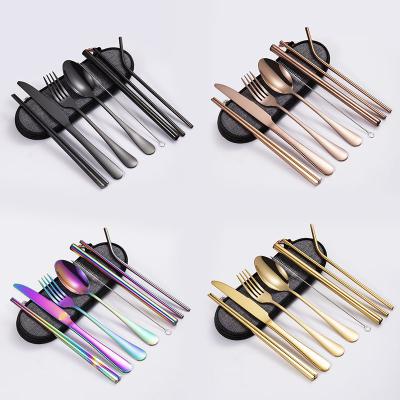 China Sustainable Eco Friendly Hot Selling Rainbow Knife Fork Spoon Travel Flatware Straw Stainless Steel Serving Cutlery Korea Portable Flatware Sets for sale