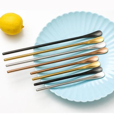 China Viable Japanese Titanium Teaspoon Handle Bar Long Stirring Scoop Dessert Spoon Fork Cute Color Latte Spoon for sale