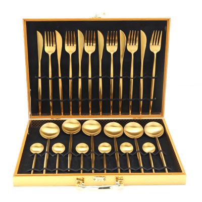 China Sustainable Home Gold Flatware Set 12/16/24 Piece Stainless Steel Gold Flatware Silverware Set With Wooden Box for sale