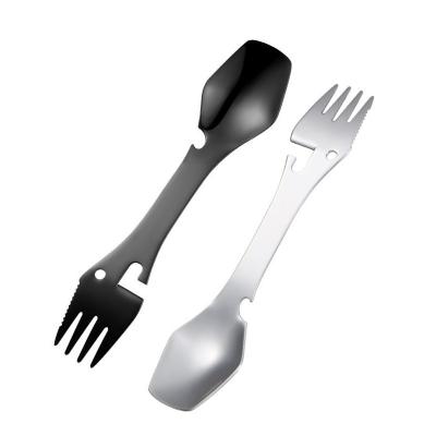 China Multifunctional Viable Stainless Steel Knife Fork Spoon Bottle Opener Can Opener 5 In 1 Spoon Fork Built-in Outdoor Camping Cutlery for sale