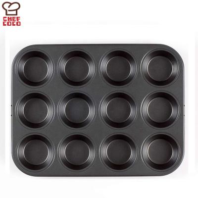 China Viable Round 12 Cup Carbon Steel Roll Pan Nonstick Cupcake Muffin Tray Molds for Oven Baking for sale