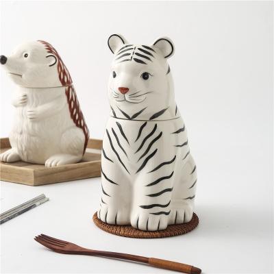 China Sustainable Creative cartoon tiger ceramic food storage jar porcelain container Kitchen storage tea coffee sugar bottle for sale