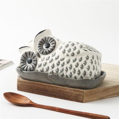 China Sustainable Custom logo large porcelain butter storage box Handmade Porcelain Kitchen Cartoon Owl ceramic butter dish for sale