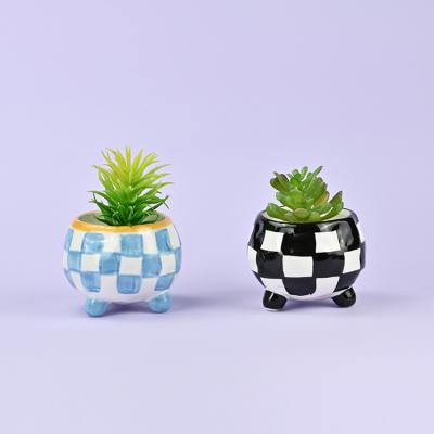 China Modern Hand Painted Chessboard Pattern Ceramic Grid Pot Porcelain Planter For Indoor Plants for sale