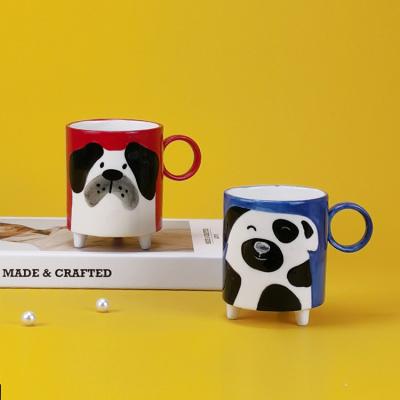 China Sustainable Hand Painted Cute Dog Coffee Mug With O Shape Handle And Legs for sale