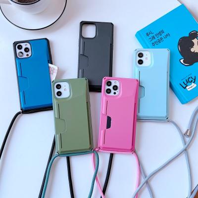 China Anti-drop Card Slots Holder Case For iPhone 12 Mini 11 Pro XS XR Max Cocking Rope Strap Chain Cover for sale