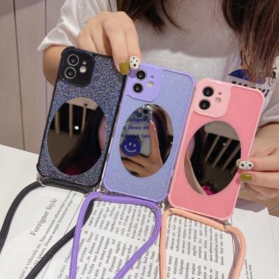 China Luxury Promotion New Arrival 3D Makeup Mirror Girl Glitter Bling Phone Case For iPhone 11 12 Pro Soft Cover With Shoulder Strap Rope for sale