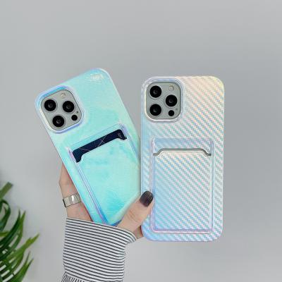 China Anti-fall Snakesskin Laser Carbon Fiber TPU Soft Double-Sided Laminated Card Slot Bags Phone Case For iPhone11 12Pro/Max for sale