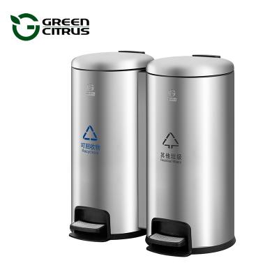 China Sustainable 2 Compartment Stainless Steel Recycle Bin Classification Rubbish Bin Recycle Indoor Trash Can With Soft Close Lid for sale