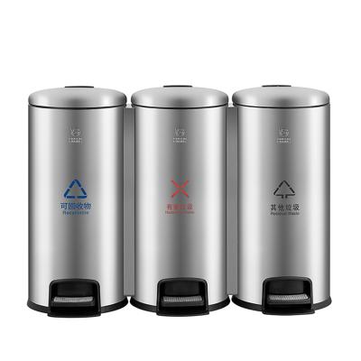 China Sustainable 3 Classified Step Pedal Recycle Bins Metal Stainless Steel Double Trash Can for sale