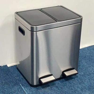 China Sustainable Recycling Bin Two Double Compartment Foot Pedal Bin Stainless Steel Pedal Type Wholesale for sale