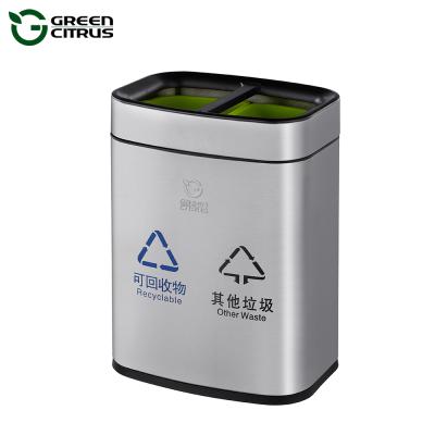 China 2 Compartments Small Metal Litter Bin Metal Litter Bin Indoor Sustainable Stainless Steel Trash Can Top Open Waste Bin for sale