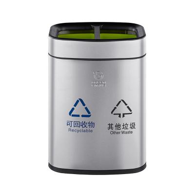 China Sustainable 2 Compartment Small Trash Can Metal Garbage Bin Stainless Steel Indoor Top-Open Small Double Trash Can for sale