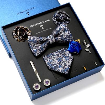 China Fishion Link Cufflinks Handkerchief Casual Formal Clip Set Red Pocket Square Bow Tie Set With Luxury Box for sale