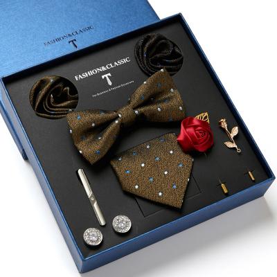 China Fishion Gift Box 8 PCS Product Casual Formal Tie Set Square Tie Bar Bow Tie Pocket Brooch Pin Tie for sale