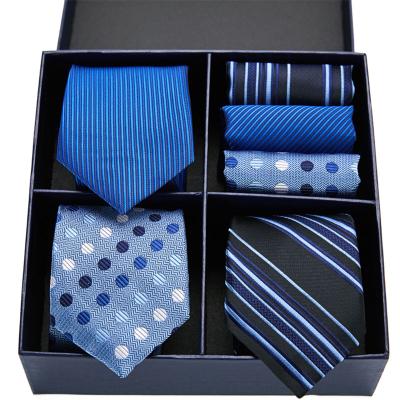 China Fashion Casual Formal New Classic Tie Set Navy Blue Silk Dot Striped Tie And Handkerchief For Formal Party With Gift Box for sale