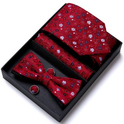 China Fishion Men's Casual Formal Tie Set Red Floral Silk Tie For Wedding Party Men's Neckerchief Bowtie Set Handkerchief for sale