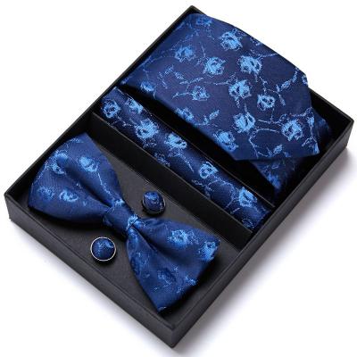 China Fishion Formal Casual Men's 100% Silk Blue Floral Jacquard Woven Tie +Bow Tie + Handkerchief + Cufflinks Sets In Gift Box for sale