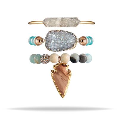 China Environmental Friendly 3 Pcs/Set Brass Agate Natural Stone Amazonite Druzy Turquoise Beaded Bracelet Stack Bracelet for sale