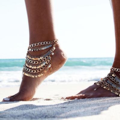 China Multilayer Yoga Pendant Punk Retro Coins Decor Anklets Tassels Beach Ankle Chains Barefoot Sandals With Toe Rings for sale