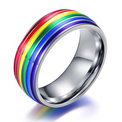 China Retro 8mm Titanium Stainless Steel Rainbow Enamel Gay Lesbian Pride Ring Engagement Promise Band for sale