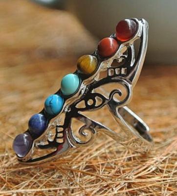 China Retro Healing Stones 7 Cavity Adjustable Chakra Ring Thumb Reiki Gem Ring for sale