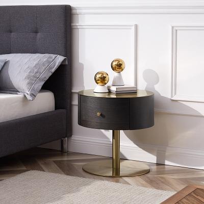 China Contemporary gold color oak metal stainless steel nightstand modern luxury round bedside table for sale