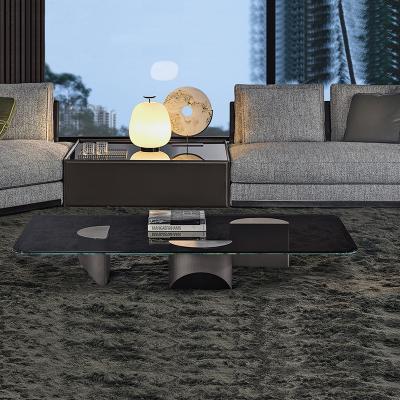 China Contemporary italian modern luxury rectangle stainless steel design black glass leg coffee table for living room furniture for sale