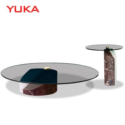 China Contemporary Modern Minimalist Natural Marble Base Mirror Tempered Glass Coffee Table Round Coffee Table Living Room Furniture for sale