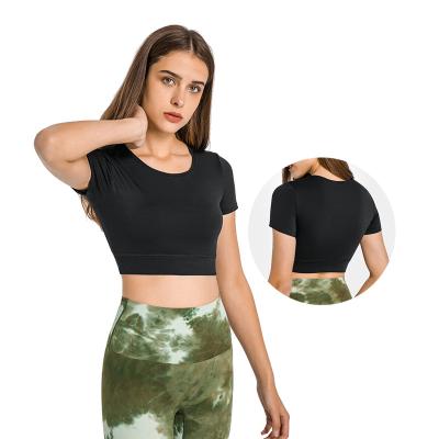 China New Fashion Breathable Summer Crop Top T-shirt Women With Padded Bra Workout Yoga Wear Soft Sexy for sale