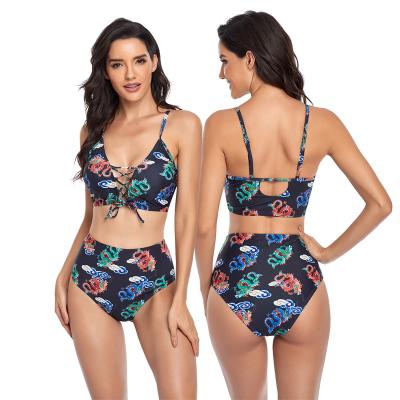 China Sexy Mujer Swimwear Women Bikini High Waist Swimwear Women Floral Print Breathable Black Bikini Push Up Bathing Suit for sale